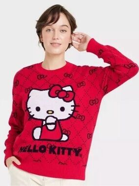 Hello Kitty Red & White Graphic Crewneck Sweater - Snag Needs Repair